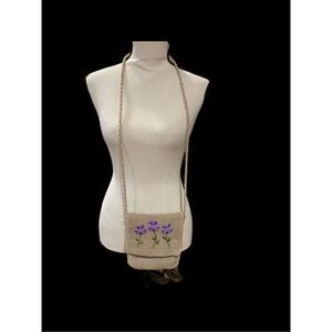 La Rue C/B Embroidered Crocheted Mini-Purse&Coin Purse Beige Purple 7-1/2x6-1/4”
